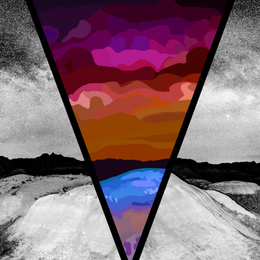 A night landscape stretches out into the distance. The photo appears in black and white with a V-shaped center section digitally painted in vibrant colors: magenta, orange, blue, purple.