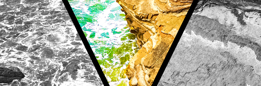 Looking down upon the dangerous place where water meets rock. The image is in black and white, with a V cut through the center. Inside the V, the rocks to the right are vibrant; to the left, the water is a swirling mix of toxic aqua blue, green, and yellow.