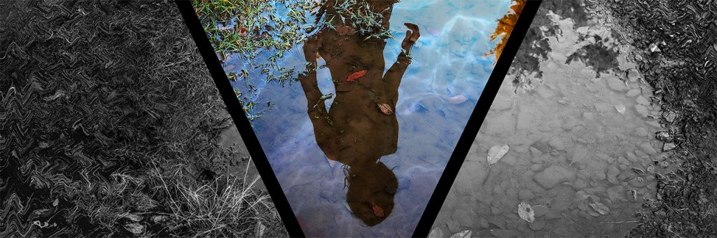 Inside a bold V shape, an inverted reflection appears in a rippling puddle with fresh green grass sprouting along one edge. Outside the V, the image is in black and white, the water still, the grass dry. 