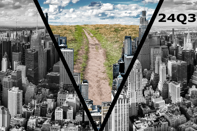 A black and white New York skyline is bisected by the Vast Chasm V with a dirt path and green and gold grasses leading off toward the horizon.