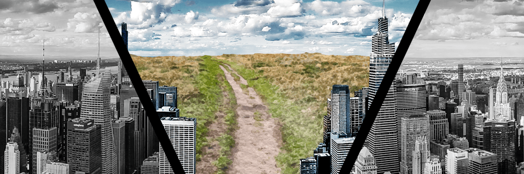 A black and white New York skyline is bisected by the Vast Chasm V with a dirt path and green and gold grasses leading off toward the horizon.