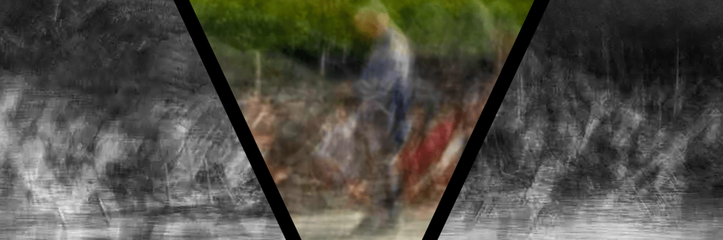 A blurred image of a human figure stands in front of an indistinct crowd and a vibrant tree line