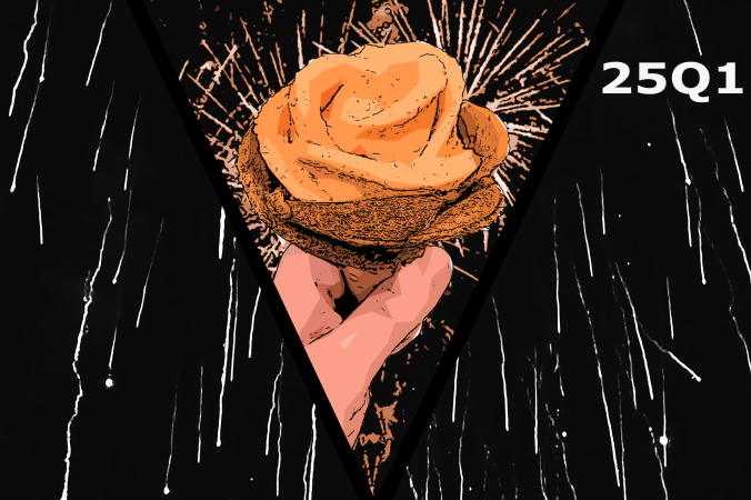A hand holds a cone of orange ice cream shaped like a flower in front of a distant background of exploding fireworks.
