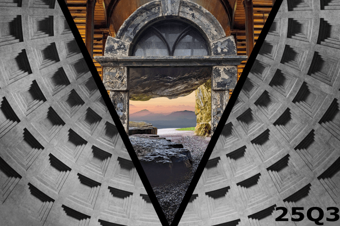 A black and white, patterned stone dome seen from below is bisected by the signature Vast "V." Within the "V" is a wooden room terminating in a worn stone doorframe. Through the doorframe we see a cave mouth opening onto distant mountains at sunset.