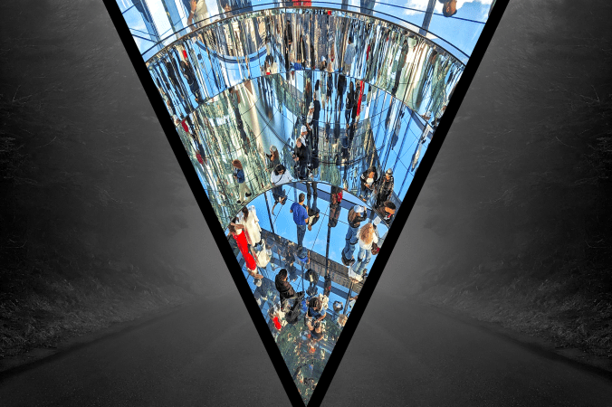 An empty road is crowded by grayscale fog and dark pines, bisected by the signature Vast "V." Within the "V" is a fractured reflection of people on their own or in small groups. They walk among reflected blue sky and shining surfaces, endlessly repeating and distorting their surroundings.