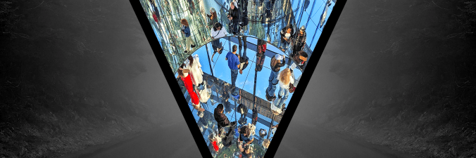 An empty road is crowded by grayscale fog and dark pines, bisected by the signature Vast "V." Within the "V" is a fractured reflection of people on their own or in small groups. They walk among reflected blue sky and shining surfaces, endlessly repeating and distorting their surroundings.