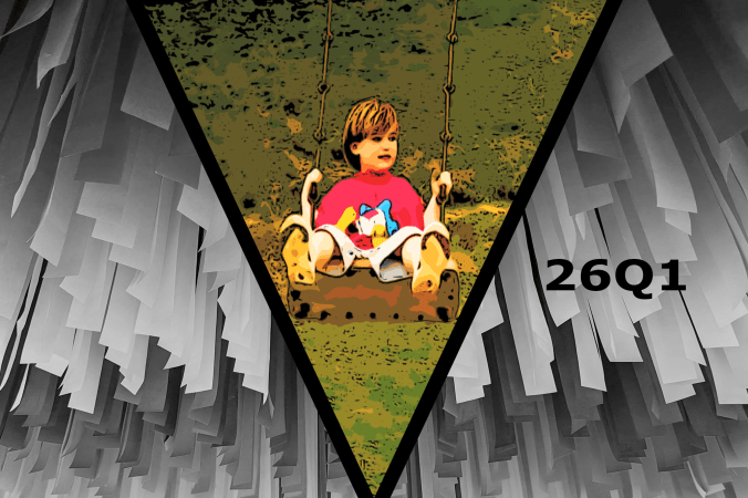 In the central V, a brightly-stylized photo of a young child in motion on a rope swing. Outside the V, a background of grayscale streamers hanging from the ceiling like the portal to another world.