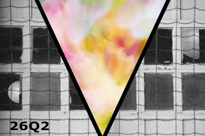 Two rows of weathered windows across a garage-like door with peeling white paint sit behind a loose chain curtain. The image is bisected by the signature Vast "V." Within the "V," a distraction from the distress: swirling colors--a mixture of bright and pastel pinks, yellows, and even a hint of green--reminiscent of flowers rendered in water-color.