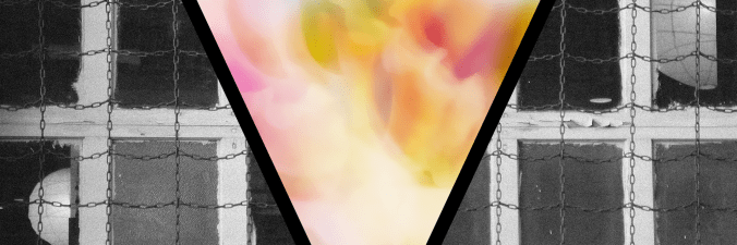 Two rows of weathered windows across a garage-like door with peeling white paint sit behind a loose chain curtain. The image is bisected by the signature Vast "V." Within the "V," a distraction from the distress: swirling colors--a mixture of bright and pastel pinks, yellows, and even a hint of green--reminiscent of flowers rendered in water-color.