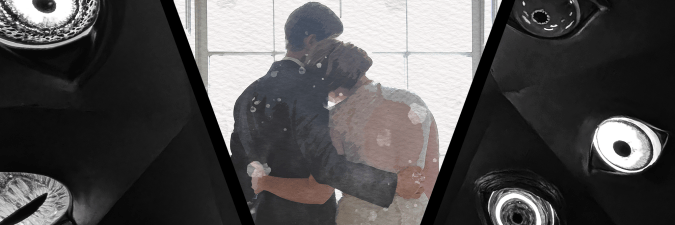 Inside the Vast V, a droplet-flecked watercolor image of a silhouetted couple in wedding dress and suit facing away from the viewer and leaning into one another. In black and white outside the V, disembodied eyes of different shapes and sizes peer toward the couple and the viewer.