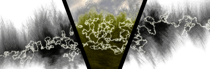 A black and white vegetative landscape overlaid with abstract lightning. The image is bisected by the signature Vast "V." Within the "V," vivid greenery shines shines through under a stormy, gray sky.