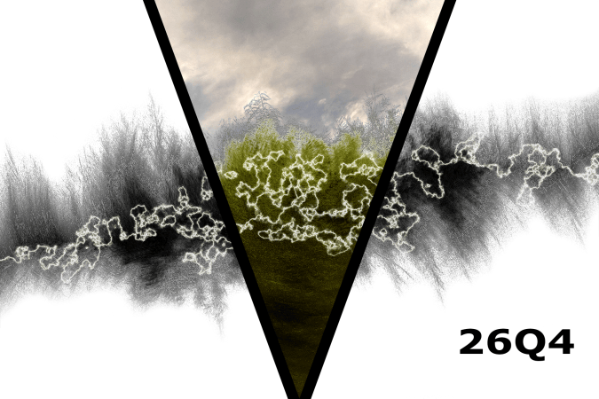 A black and white vegetative landscape overlaid with abstract lightning. The image is bisected by the signature Vast "V." Within the "V," vivid greenery shines shines through under a stormy, gray sky.